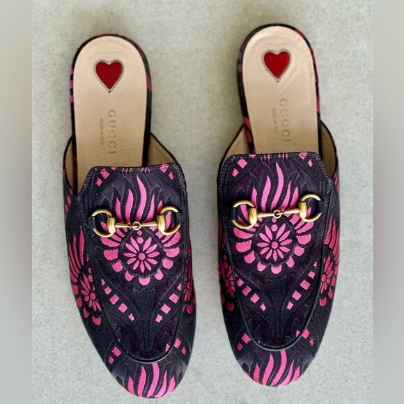 Gucci Princetown Flat Mules Black&Pink Printed Fabric Size 37 - Picture 2 of 11